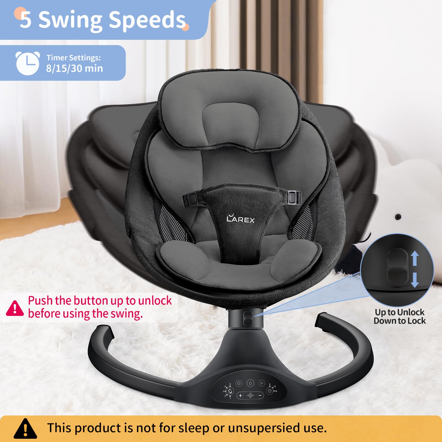 LAREX Baby Swing side view shows its compact, portable design.