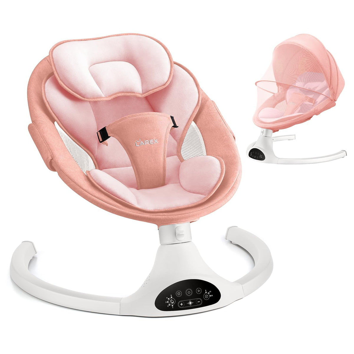 LAREX baby swing side view in pink shows gentle soothing motion for newborns.