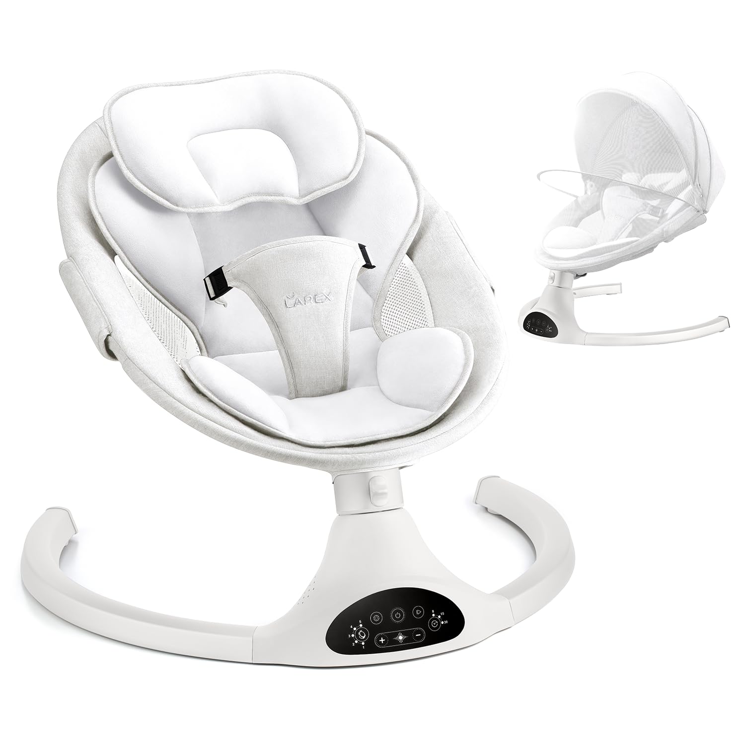 Larex baby swing front view, white frame, cozy newborn seating for soothing moments.