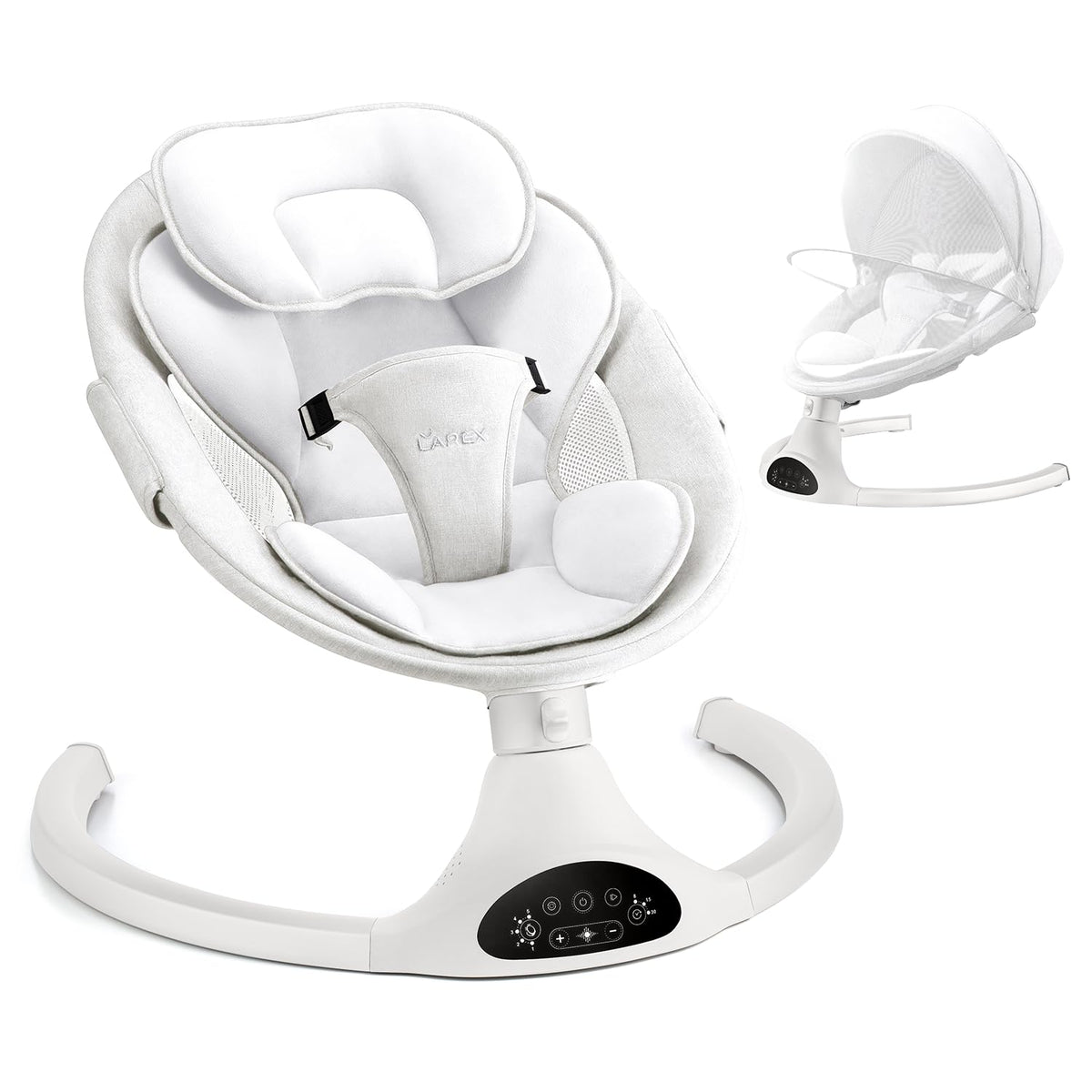 Larex baby swing front view, white frame, cozy newborn seating for soothing moments.
