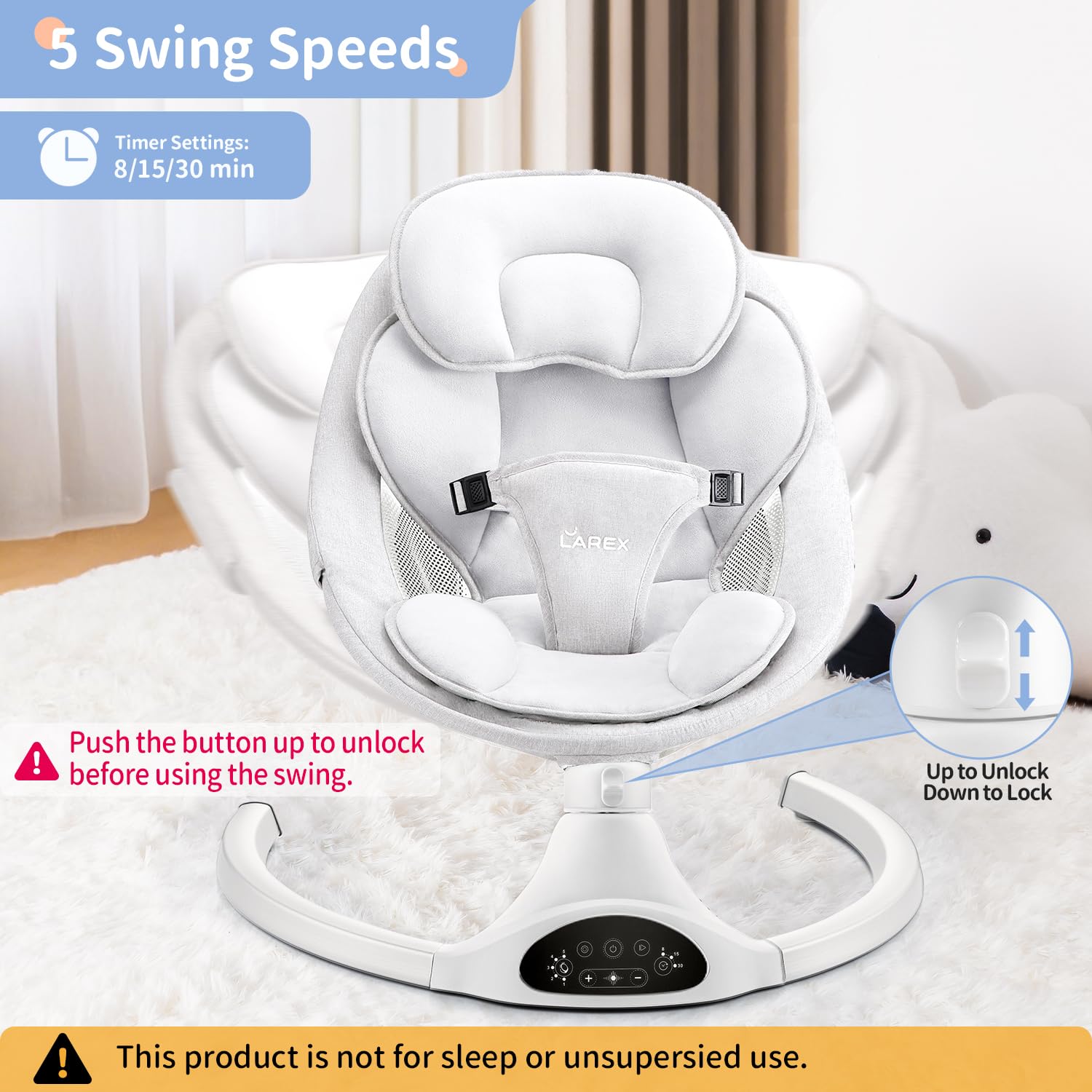Larex baby swing side view highlighting compact footprint for small rooms.