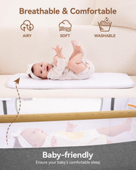Larex bassinet height-adjustable with five positions to align with beds.