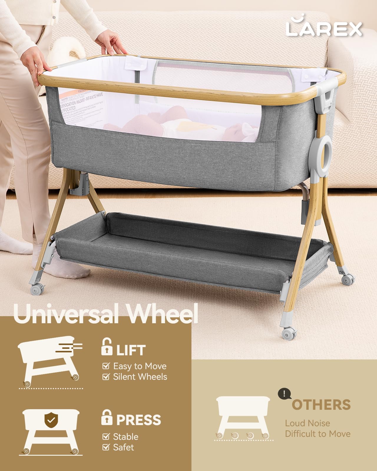 Larex bassinet wheels with safety brakes enable easy room-to-room movement.