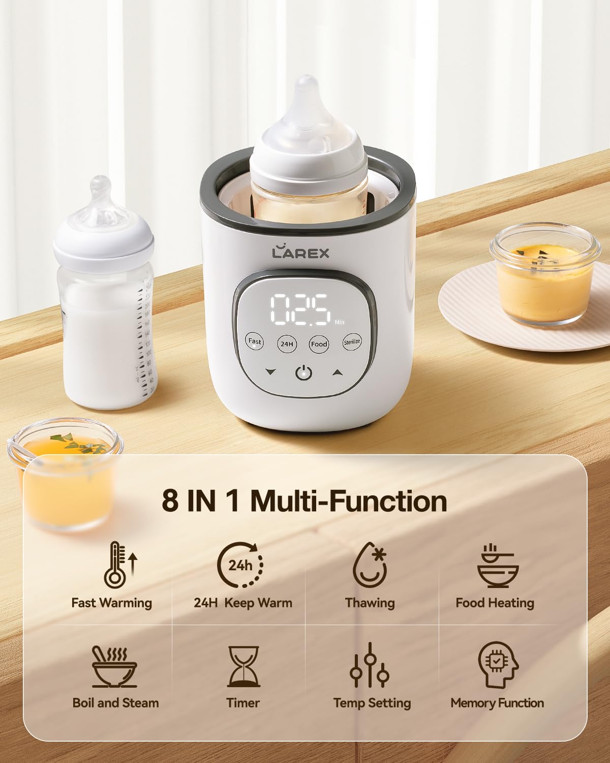 LAREX bottle warmer digital display highlights precise temperature and timer controls