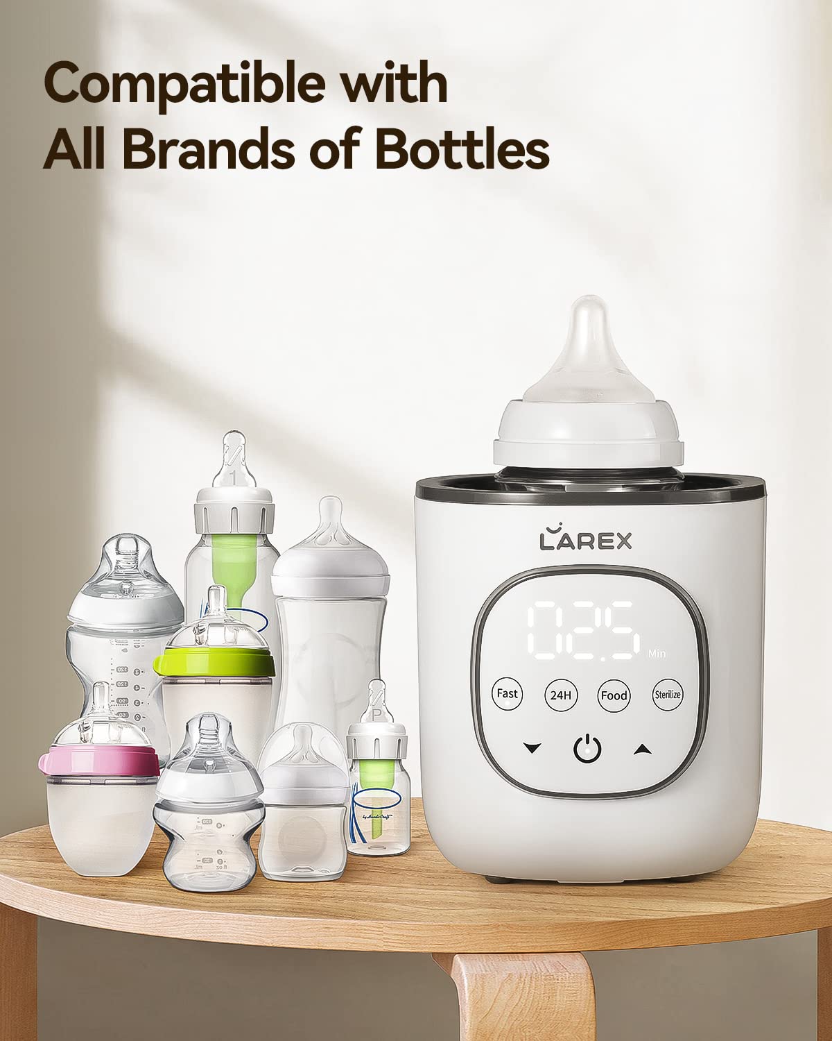 LAREX warmer shows compatibility with wide, narrow, angled bottles for versatile use
