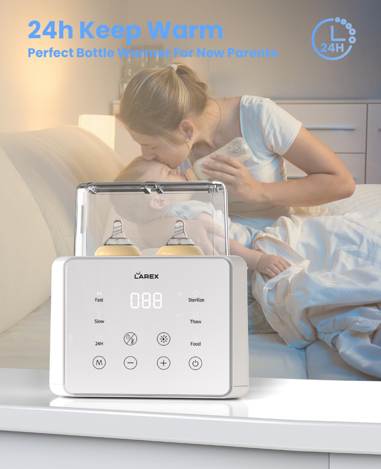 LAREX double bottle warmer auto shut-off—safety feature to prevent overheating.