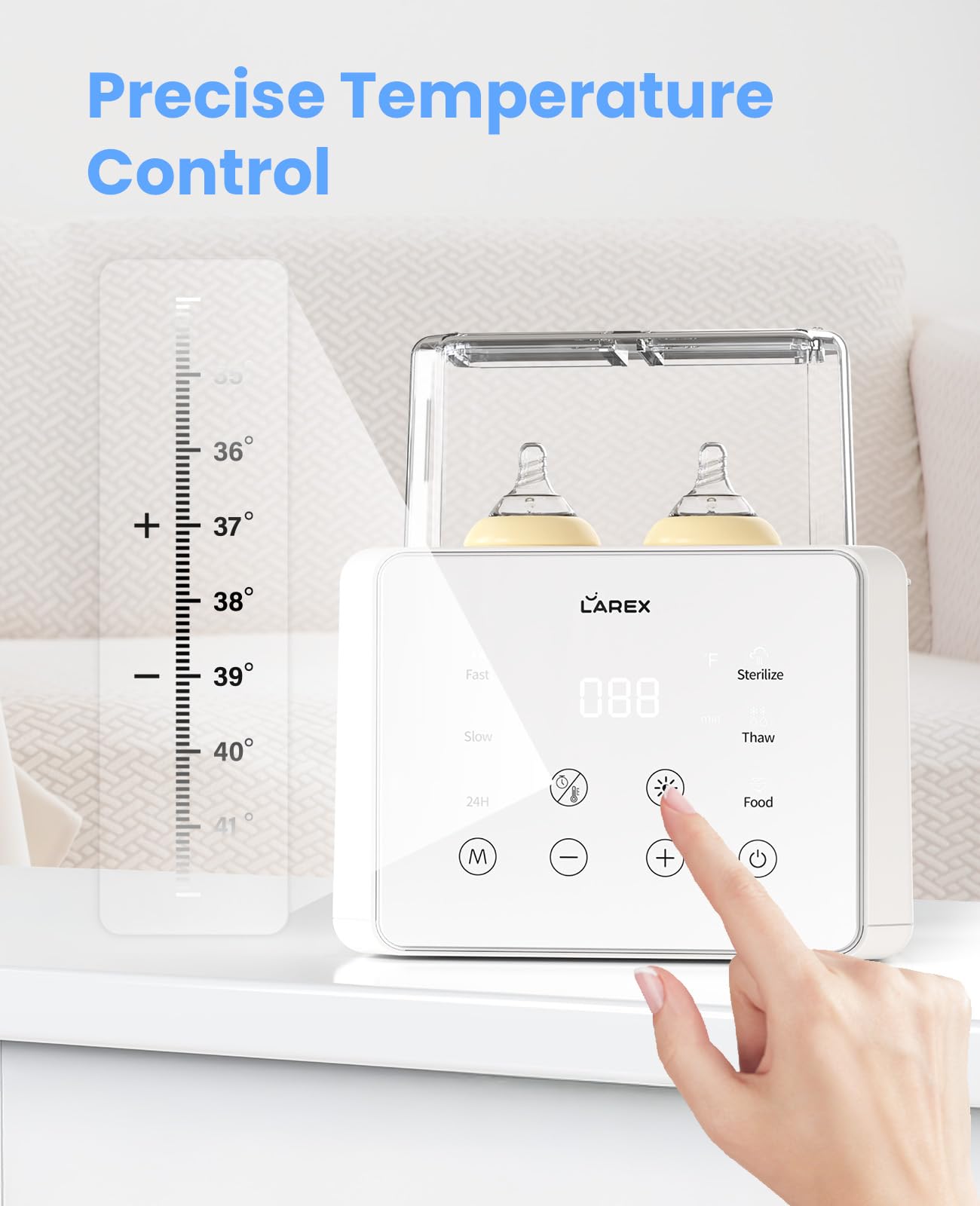 LAREX double bottle warmer digital display—precise temperature at a glance.