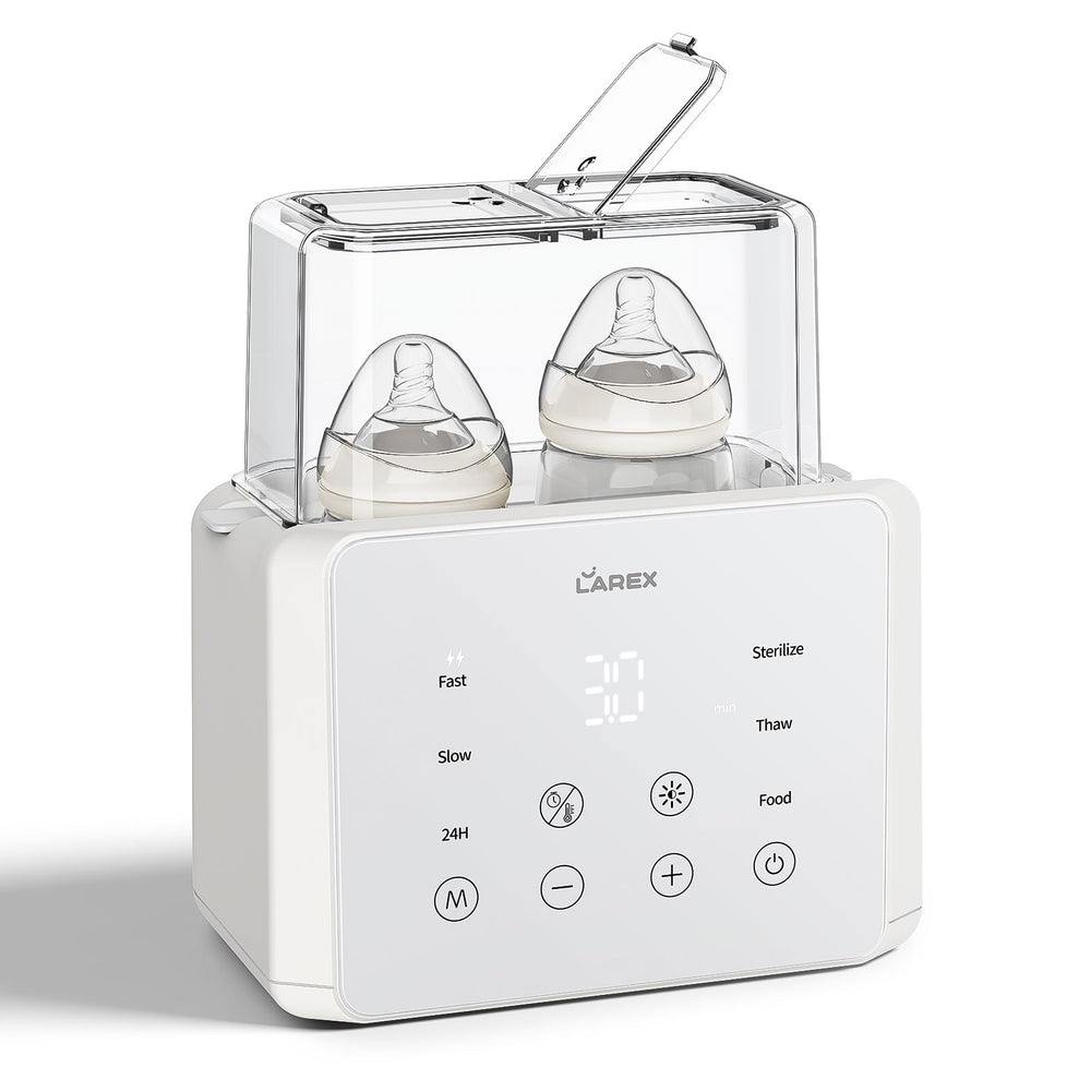 LAREX double bottle warmer front view—compact bedside-friendly design for quick night feeds.