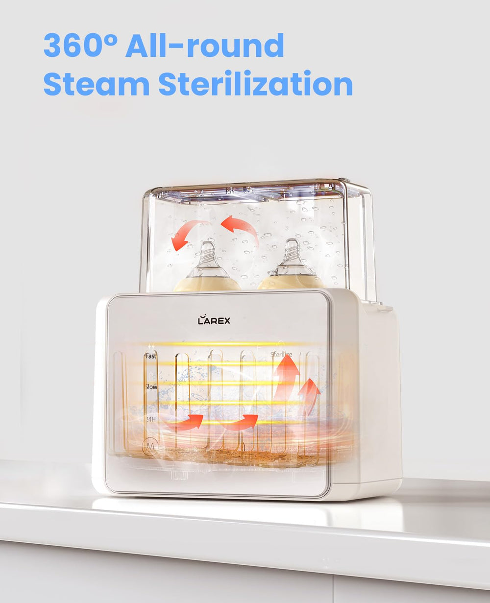 LAREX double bottle warmer keep warm 24h—presets maintain warmth for hours.