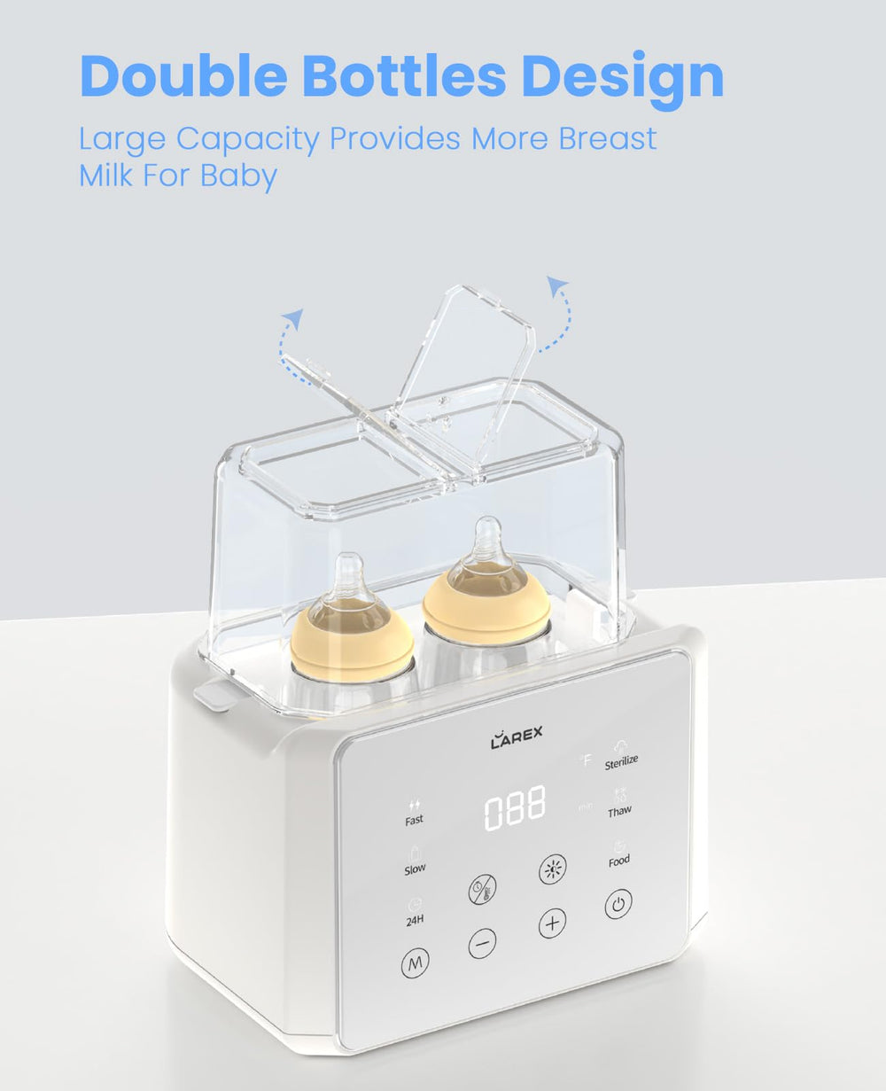 LAREX double bottle warmer thaw function—safe, even thawing for frozen milk.
