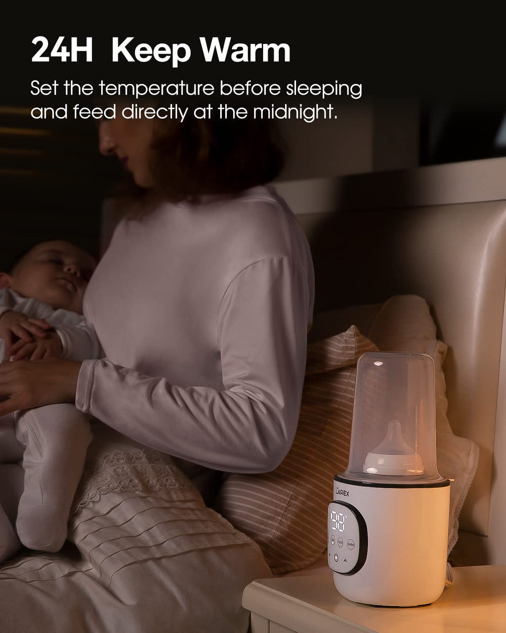 LAREX on nightstand demonstrates convenient night-feed readiness and quiet operation