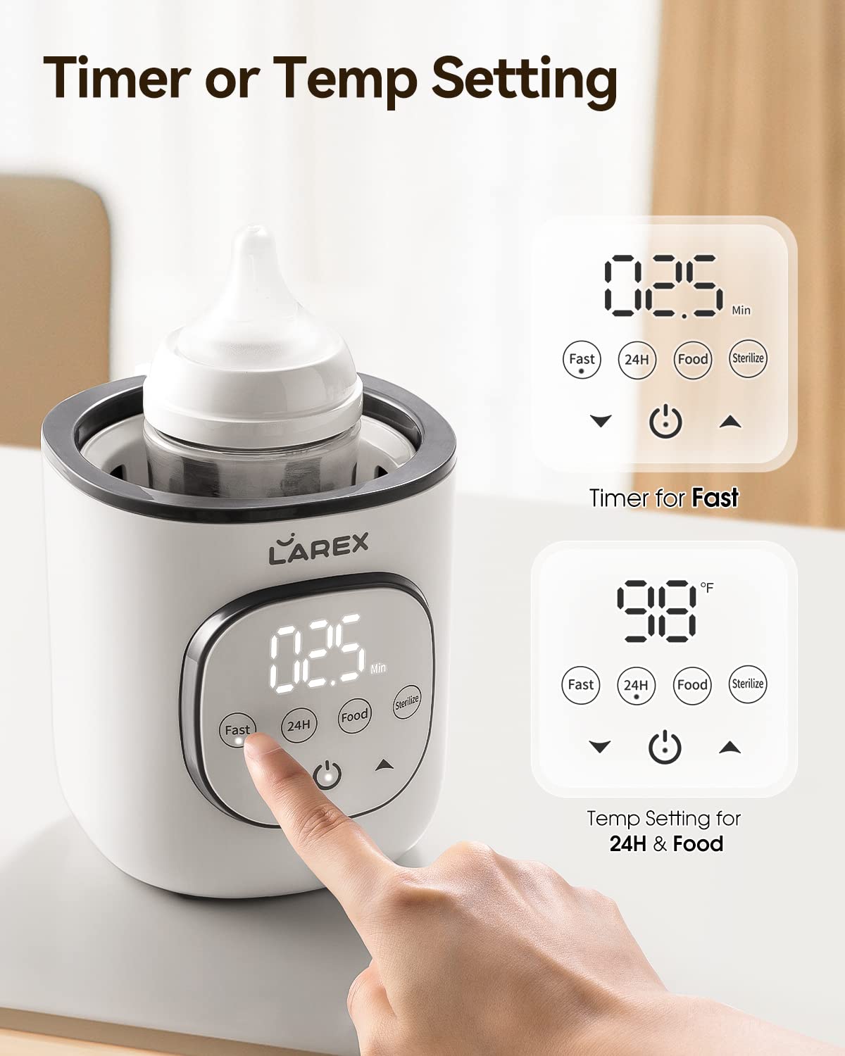 LAREX steaming clean feature demonstrates deep-clean capability for bottles and nipples