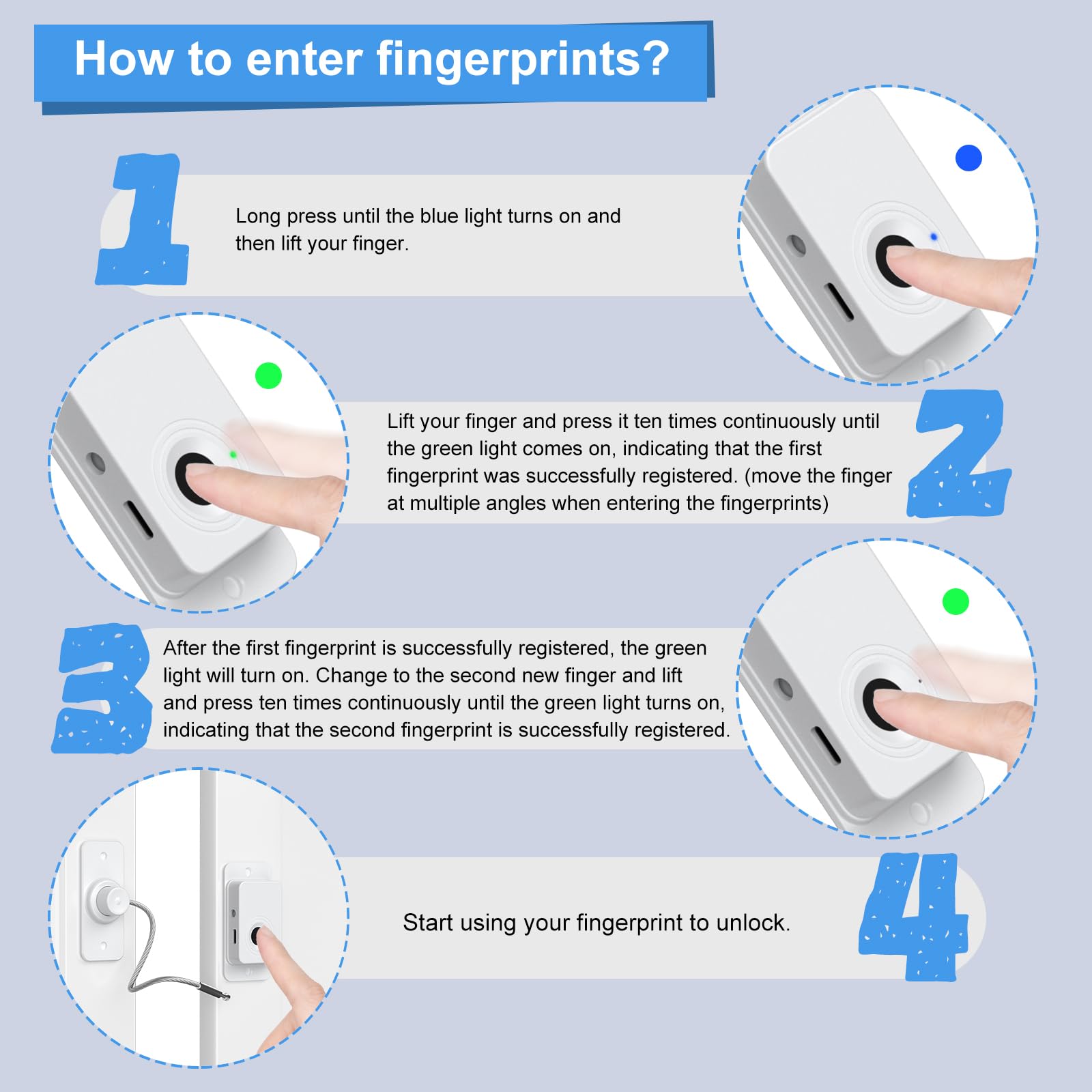 Larimuer fingerprint lock white emergency USB key for manual override.