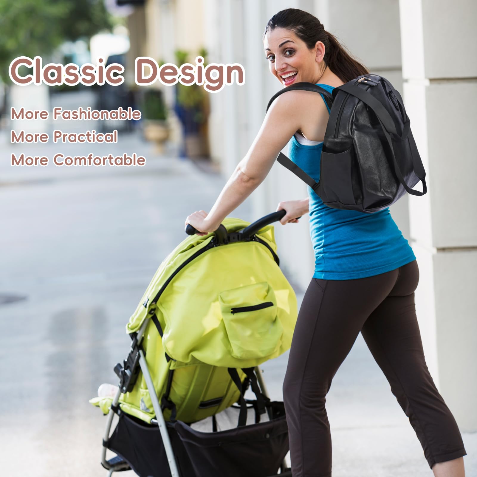 Lasaviin black diaper bag complements outfits while staying functional for parents