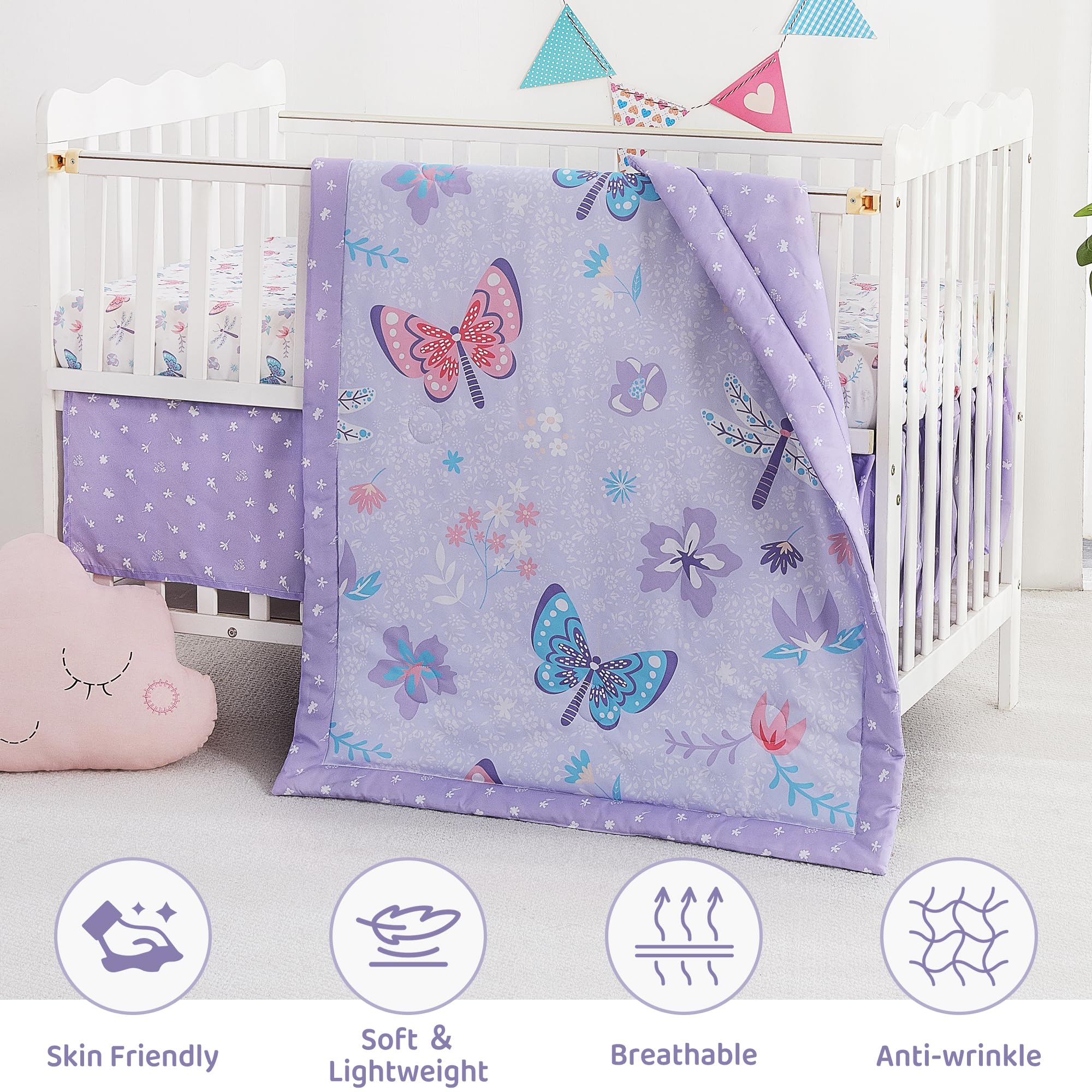 lasoftan crib-skirt-purple-butterfly close-up highlights durable design and easy-care appeal