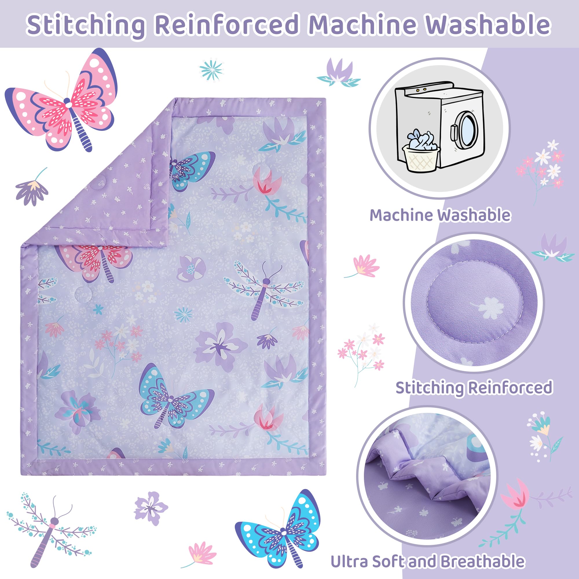 lasoftan fitted-sheet-purple-butterfly on mattress demonstrates snug elastic fit