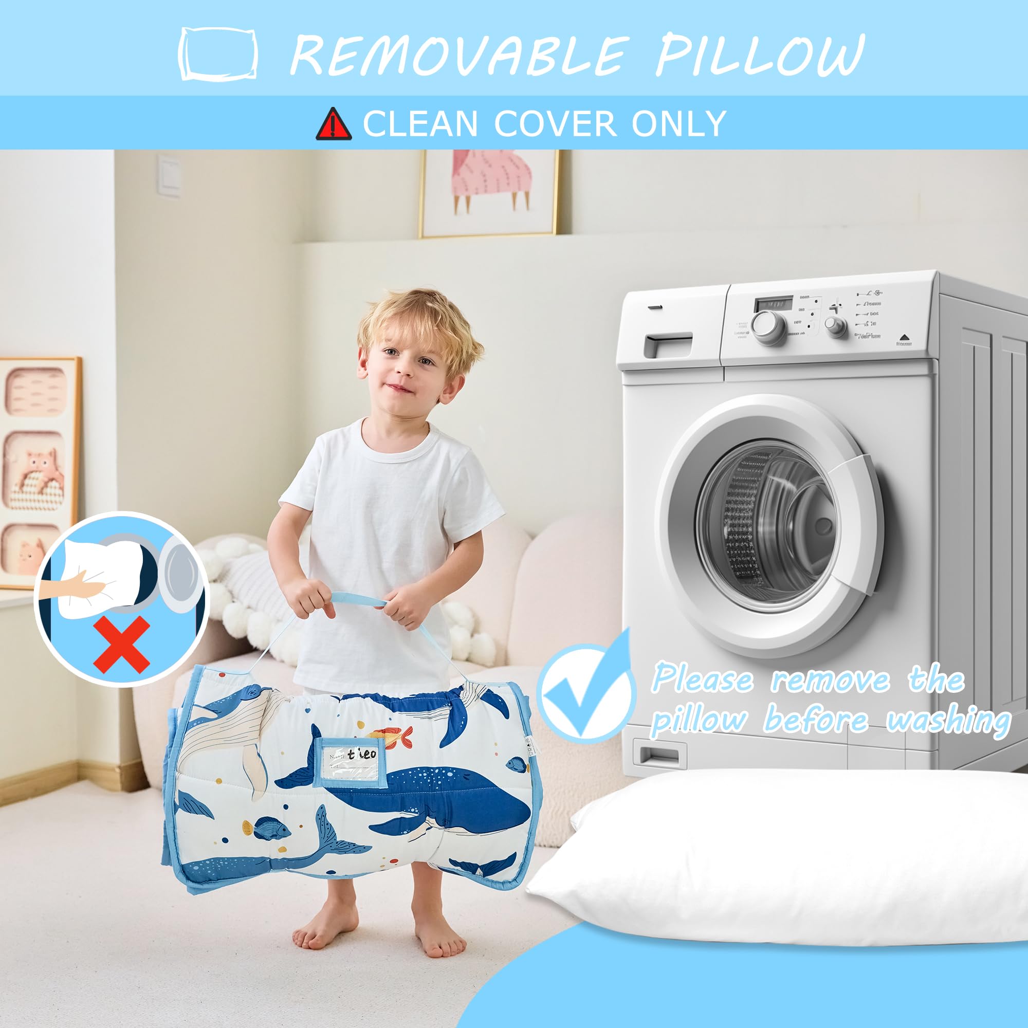Lasoftan care-friendly nap mat with cold wash and tumble dry guidance.