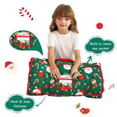 Lasoftan Christmas nap mat open showing dimensions for big kid comfort.