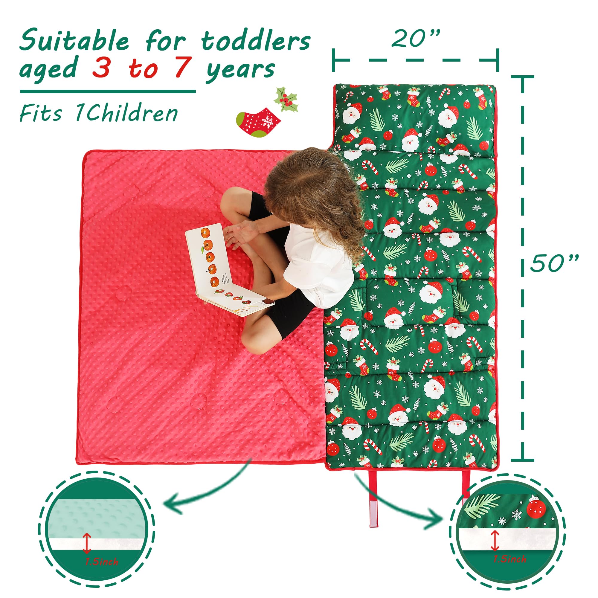 Lasoftan Christmas nap mat rolled for travel-friendly storage and portability.