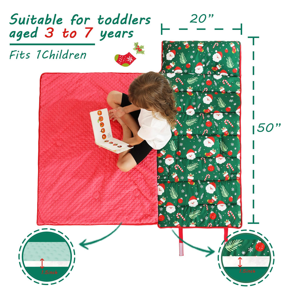 Lasoftan Christmas nap mat rolled for travel-friendly storage and portability.