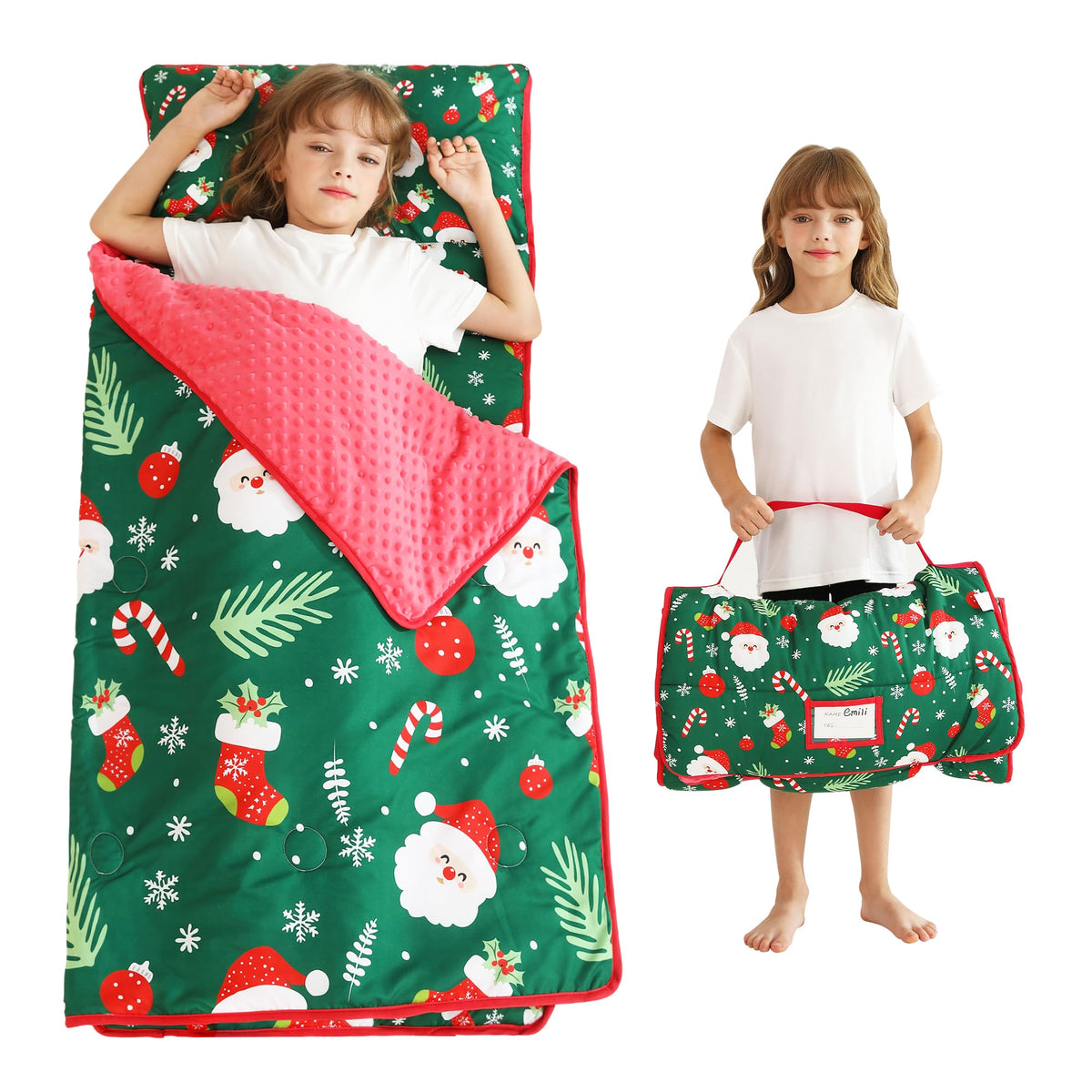 Lasoftan Christmas toddler nap mat roll-up design for easy travel.