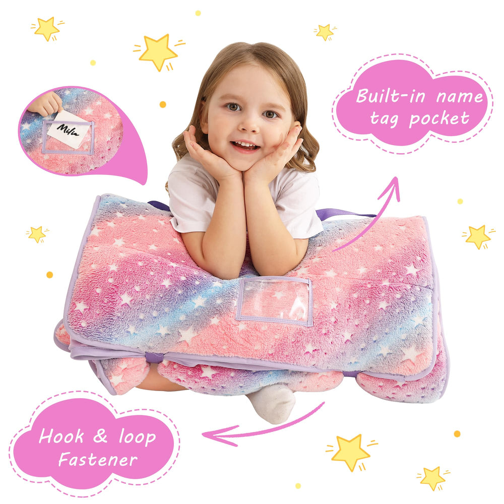 lasoftan glowing-star nap mat folded neatly in a travel bag