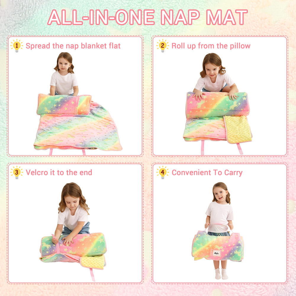 Lasoftan Glowing Unicorn nap mat ideal for daycare, travel, and camping