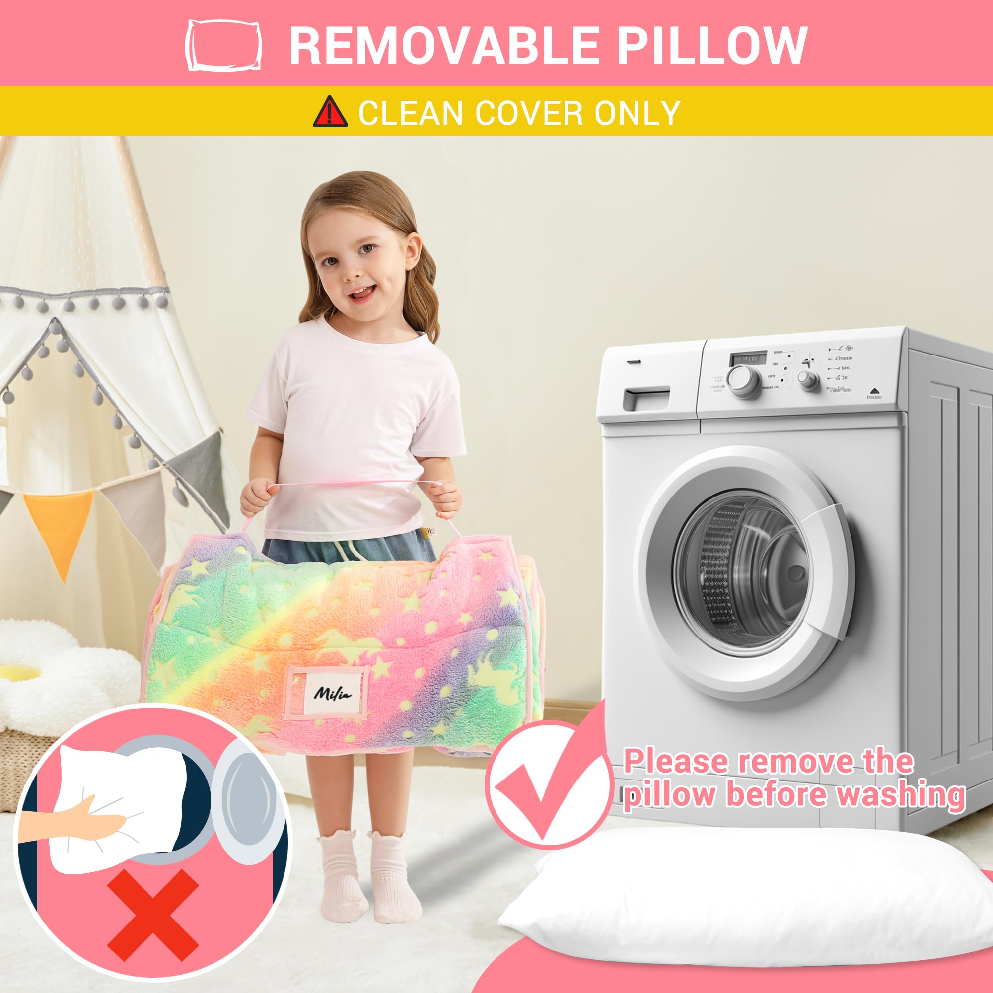 Lasoftan Glowing Unicorn nap mat features fade-resistant vibrant colors