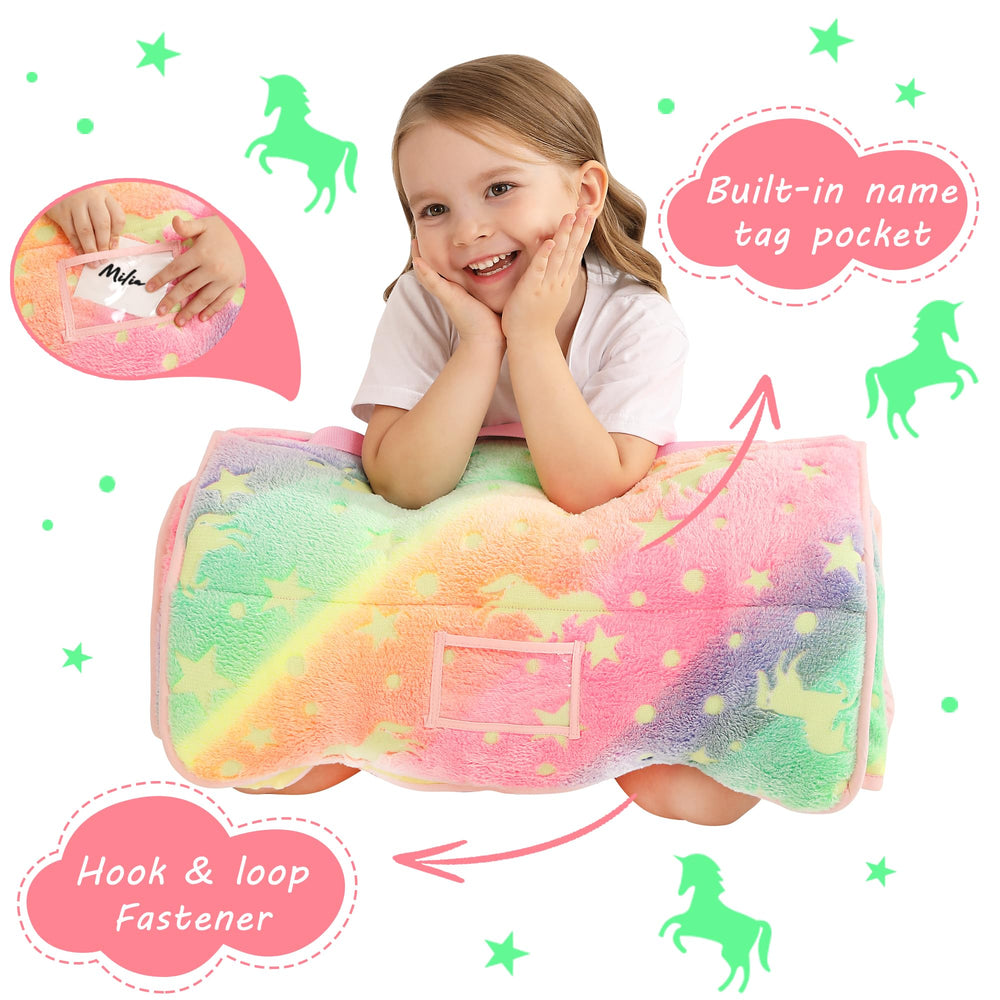 Lasoftan Glowing Unicorn nap mat rolled for easy portability on trips