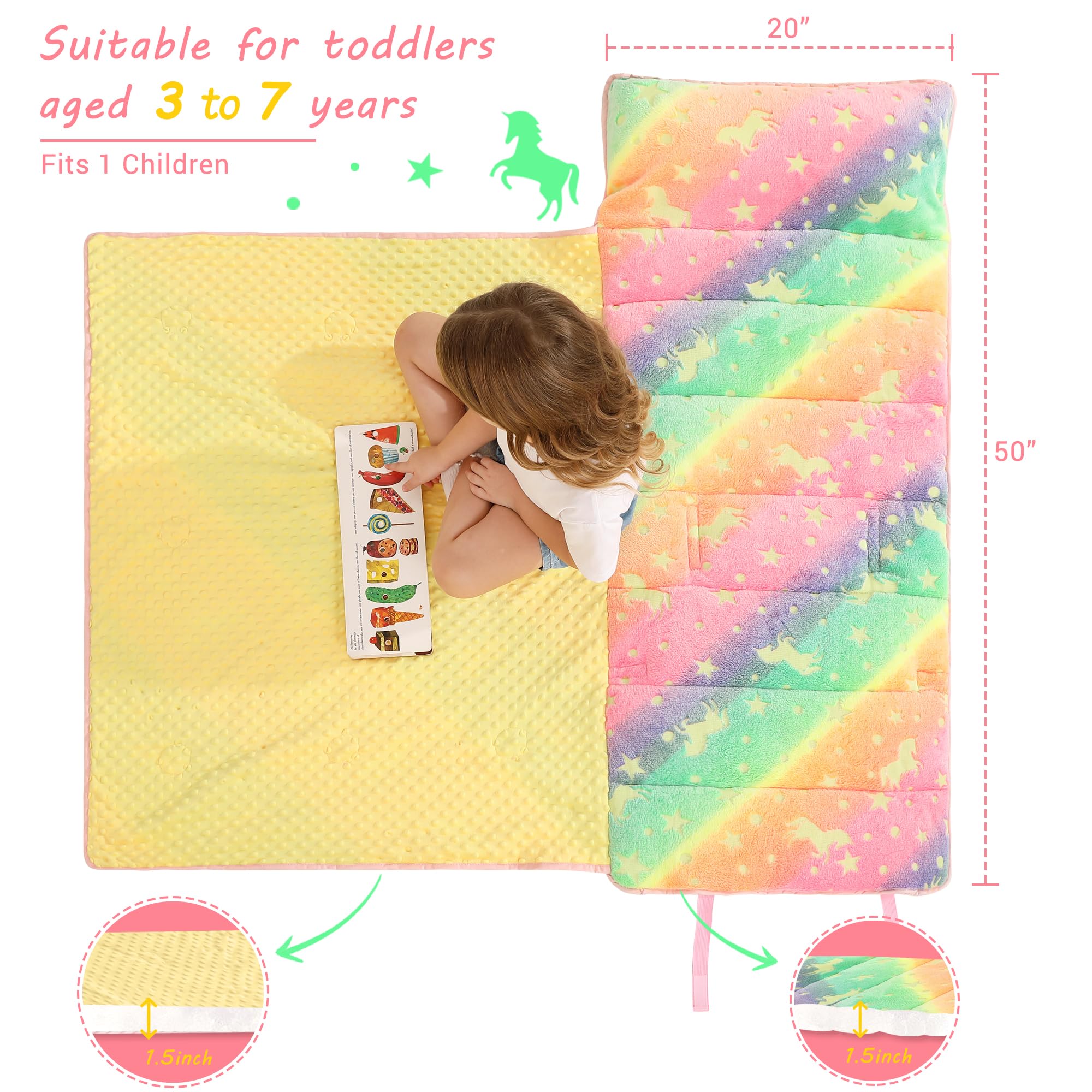 Lasoftan Glowing Unicorn nap mat measures 50x21 inches for growing toddlers