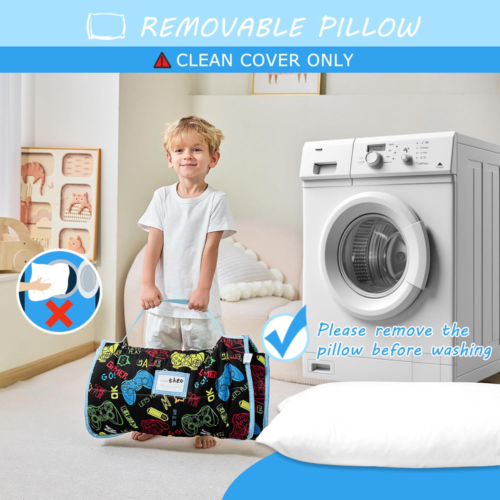 Lasoftan nap mat care instructions image showing machine wash and tumble dry