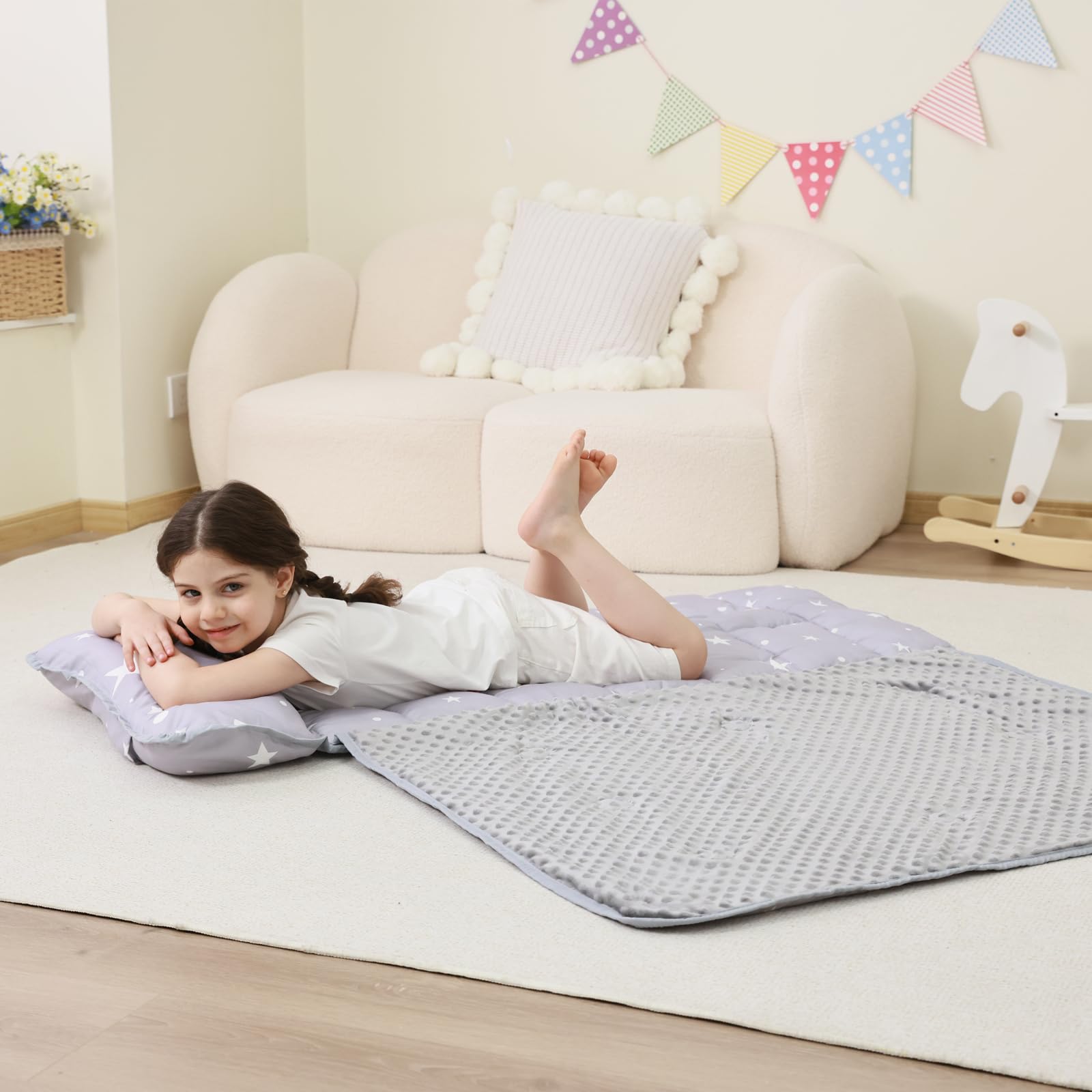 Lasoftan nap mat care guide indicating machine washability.