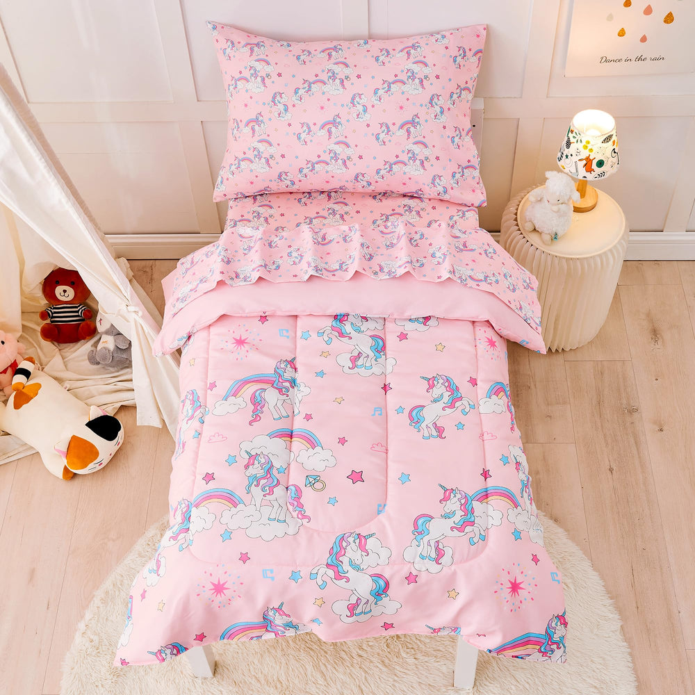 lasoftan Pink Unicorn Toddler Bedding Set packaging shows complete 4-piece bundle for easy setup