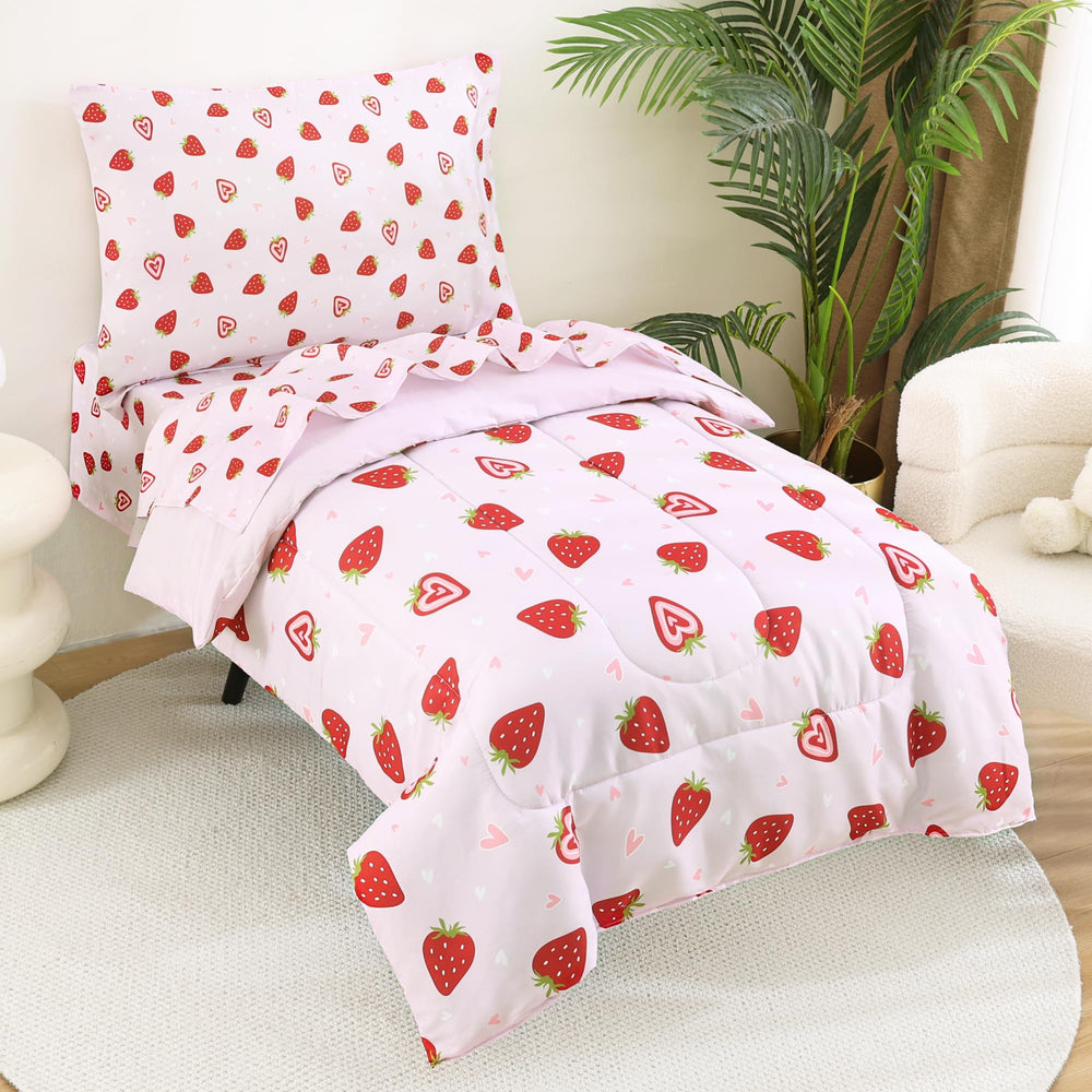 lasoftan toddler bedding set room scene in a childs bedroom with strawberry print