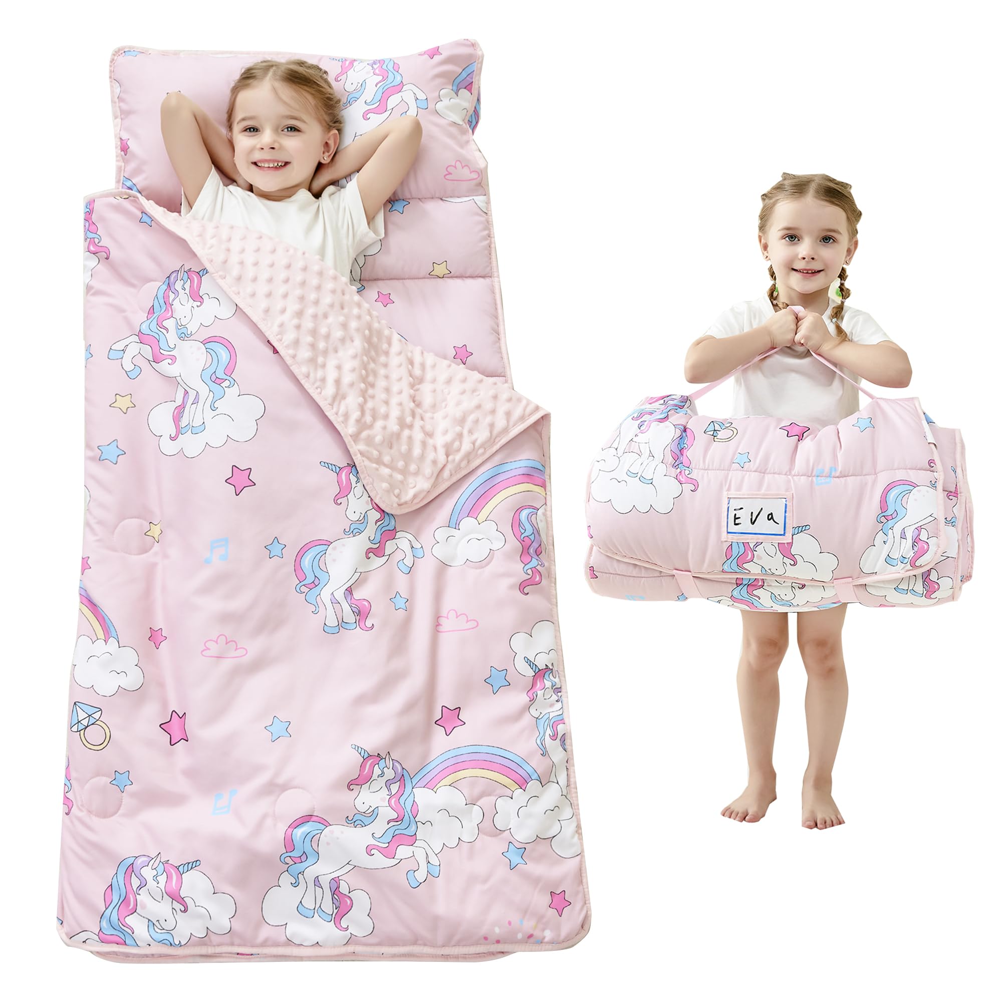 Lasoftan toddler nap mat folded for travel, compact and easy to carry.
