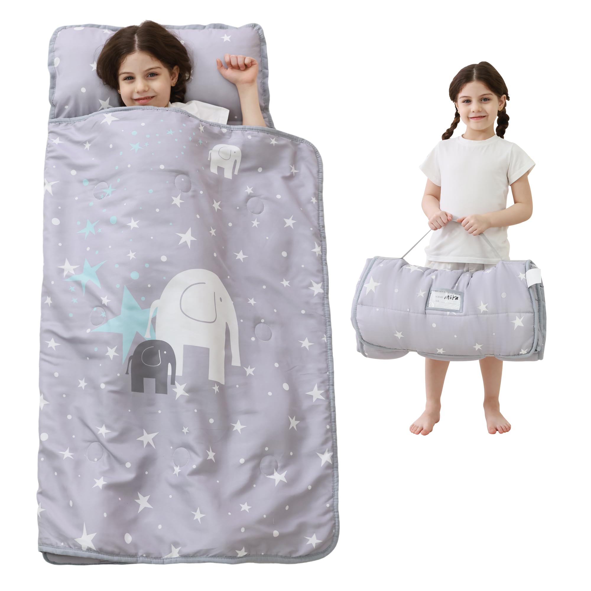 Lasoftan toddler nap mat rolled up for easy travel and daycare use.
