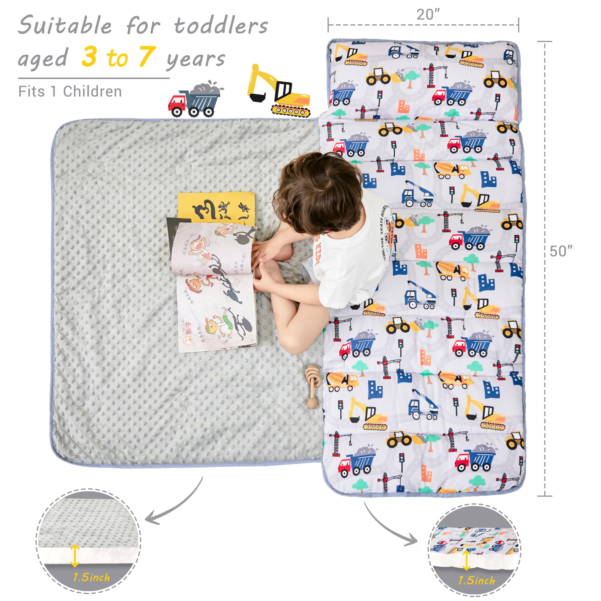 Lasoftan Nap Mat Size and Dimensions highlight 50x21x2 inches for growing kids.