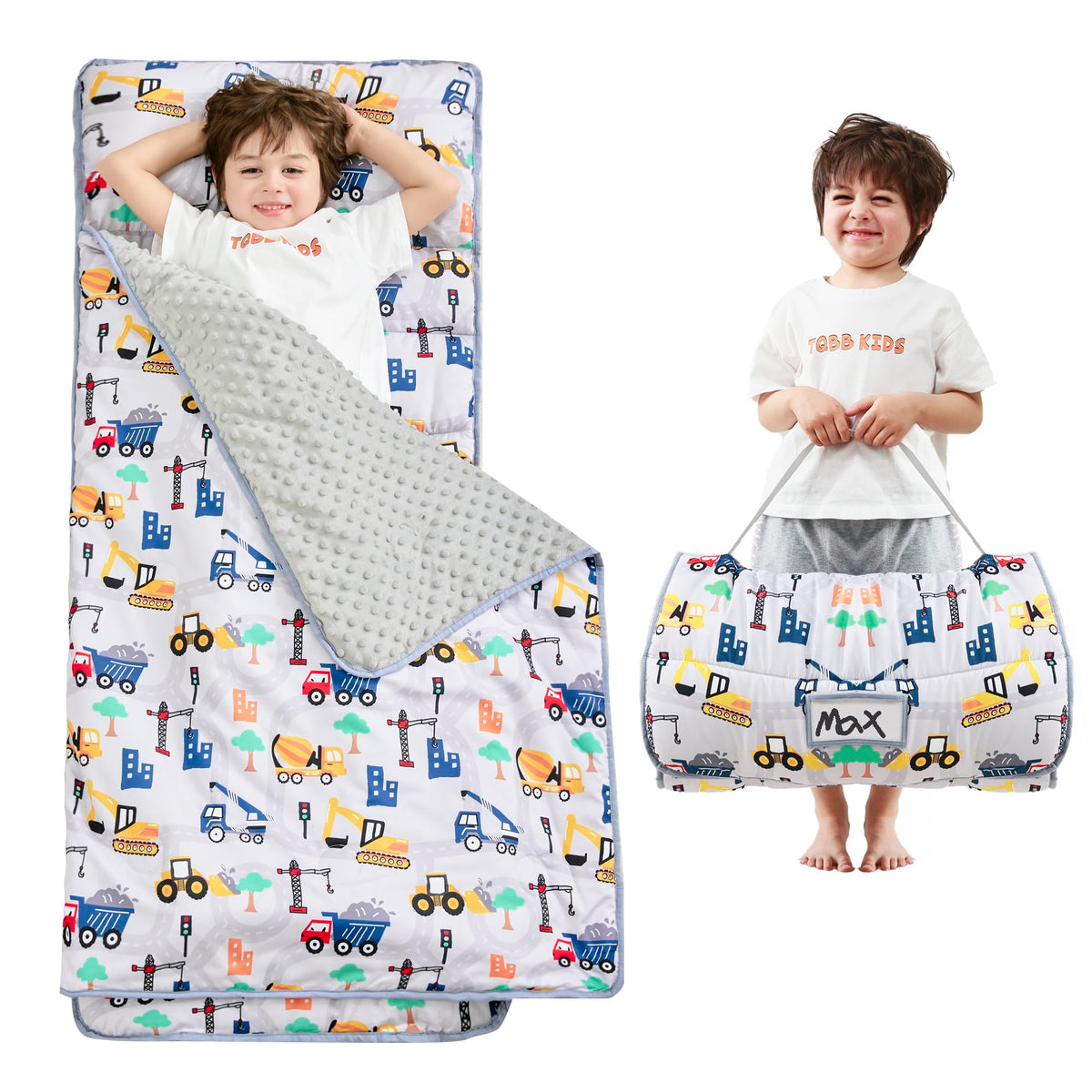 Lasoftan Toddler Nap Mat truck rolled design for easy travel and storage.