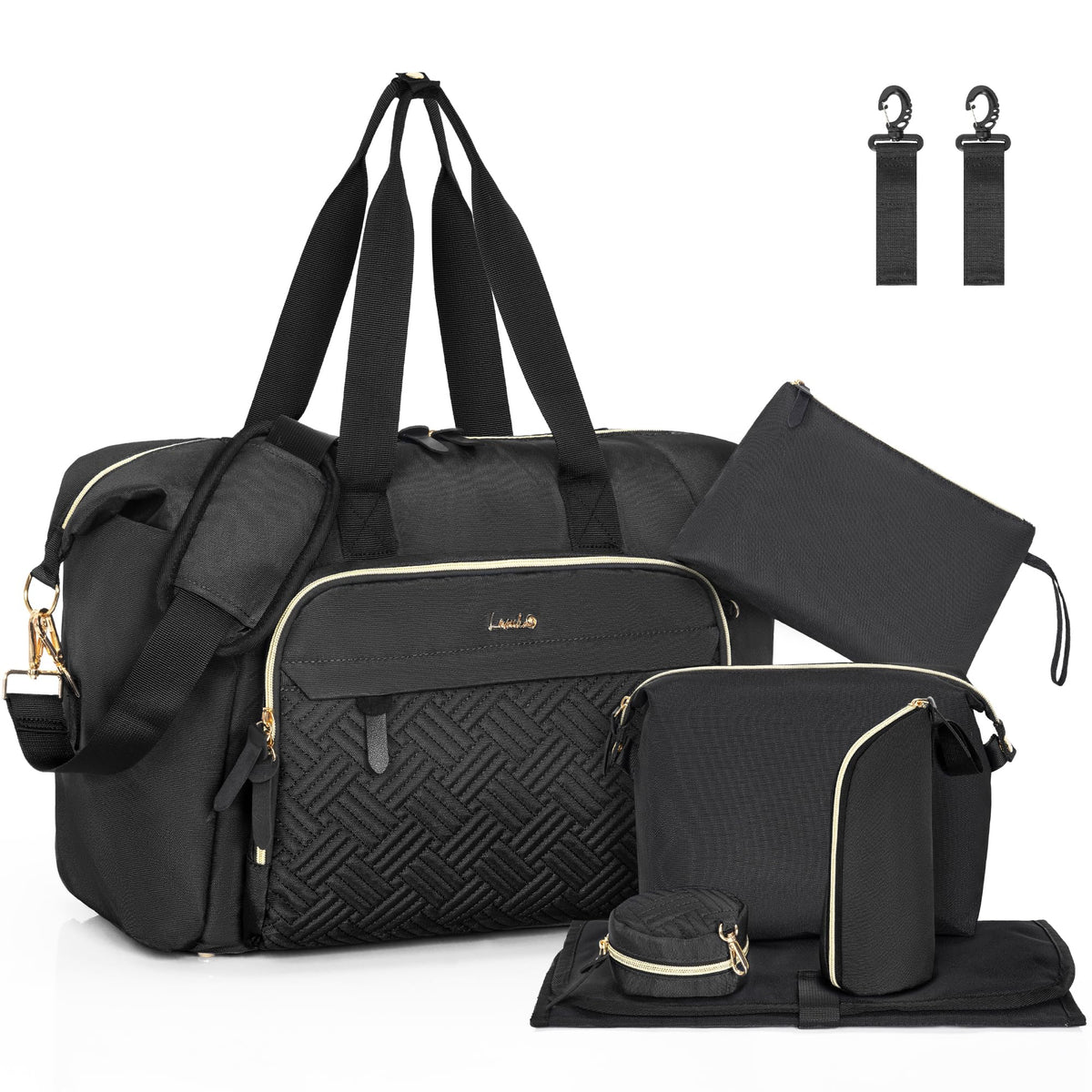 LASUK 7pcs diaper tote with open layout shows organized compartments for quick changes.