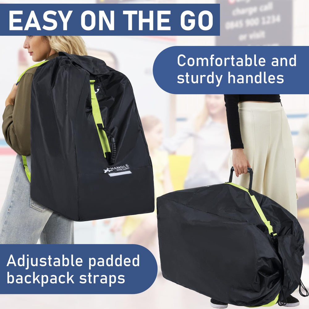 LASUK car seat travel bag folds into attached pouch for compact storage