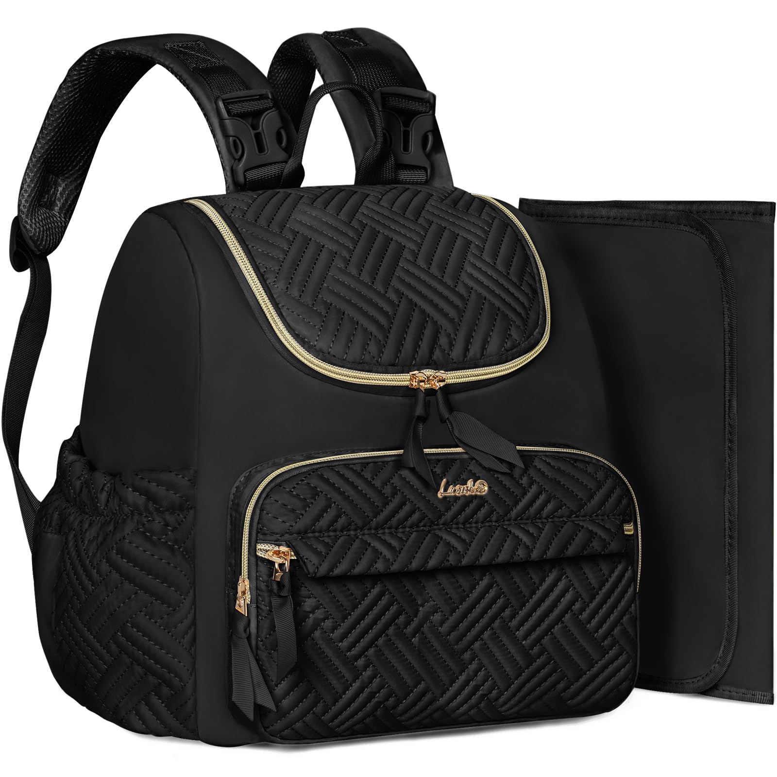 LASUK diaper backpack front view with multiple pockets for organized on-the-go storage.