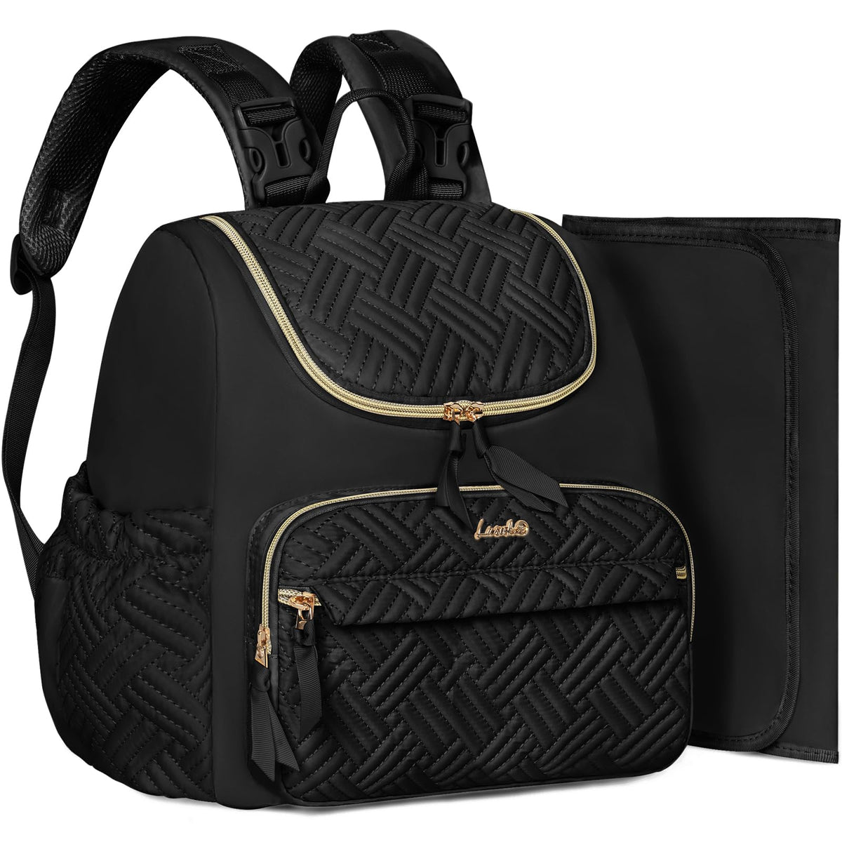 LASUK diaper backpack front view with multiple pockets for organized on-the-go storage.