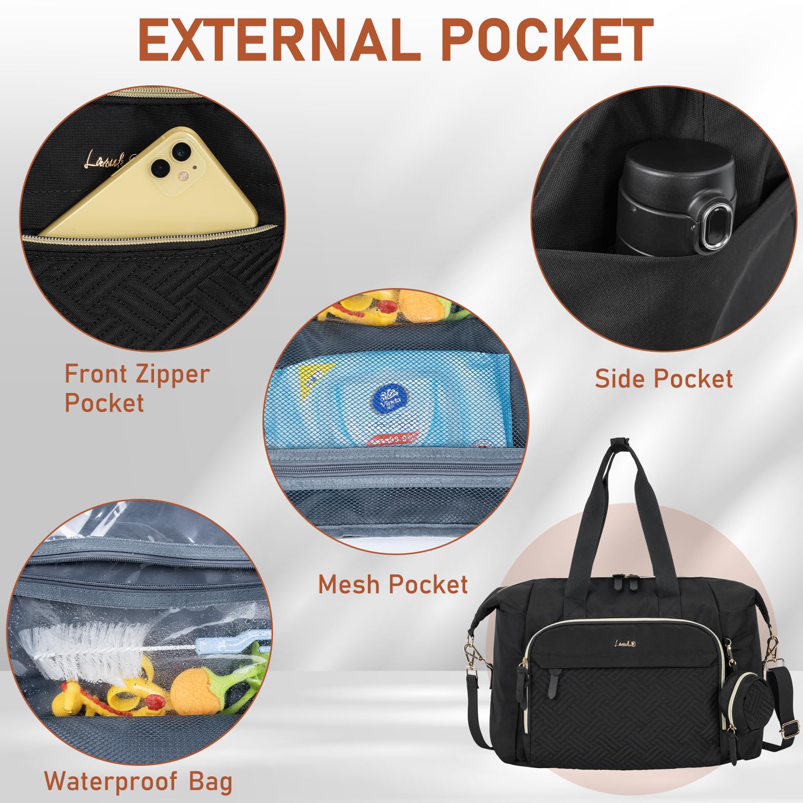 LASUK stroller straps attach the bag securely for hands-free outings.
