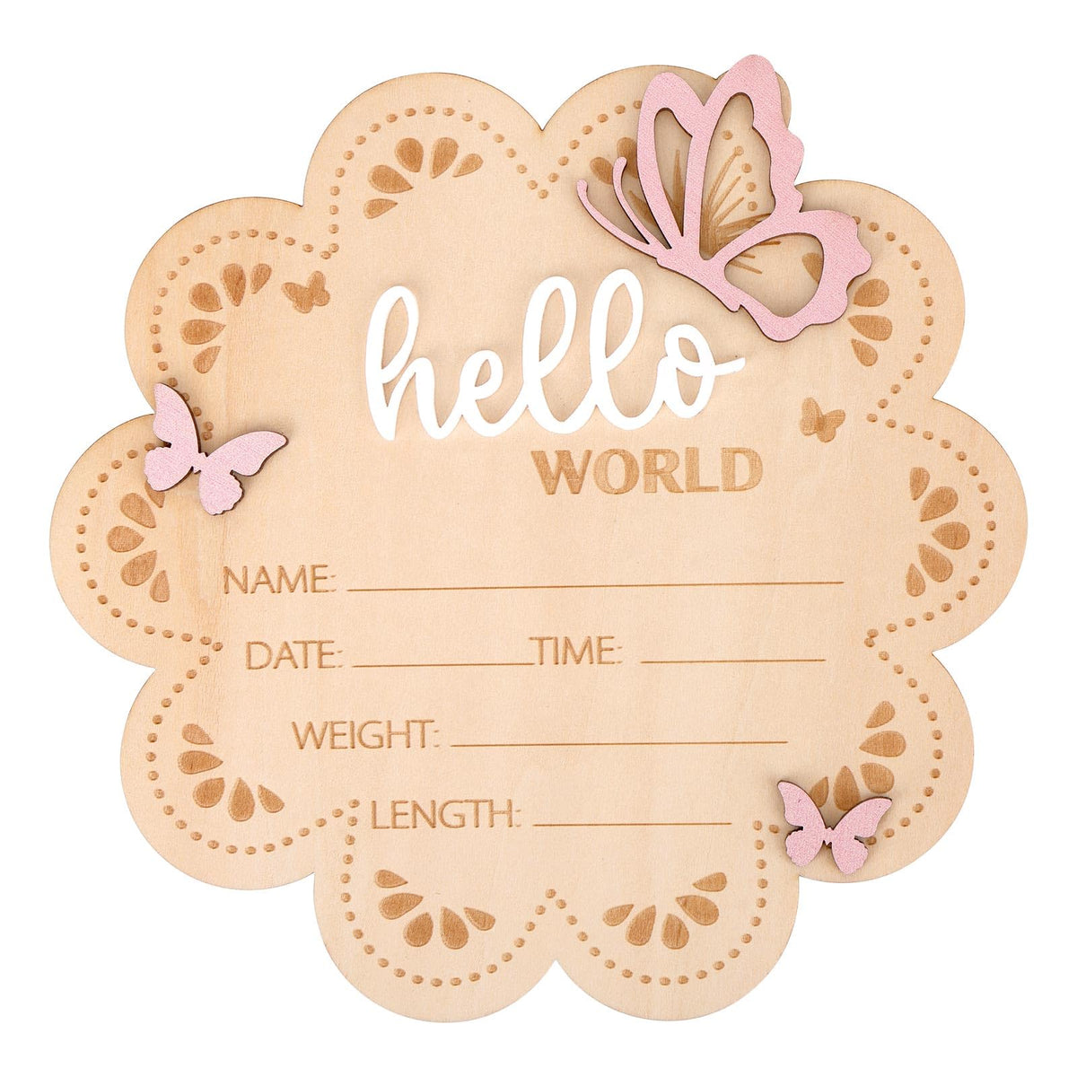 Lasuroa Hello World sign with butterfly detail for decorative nursery display