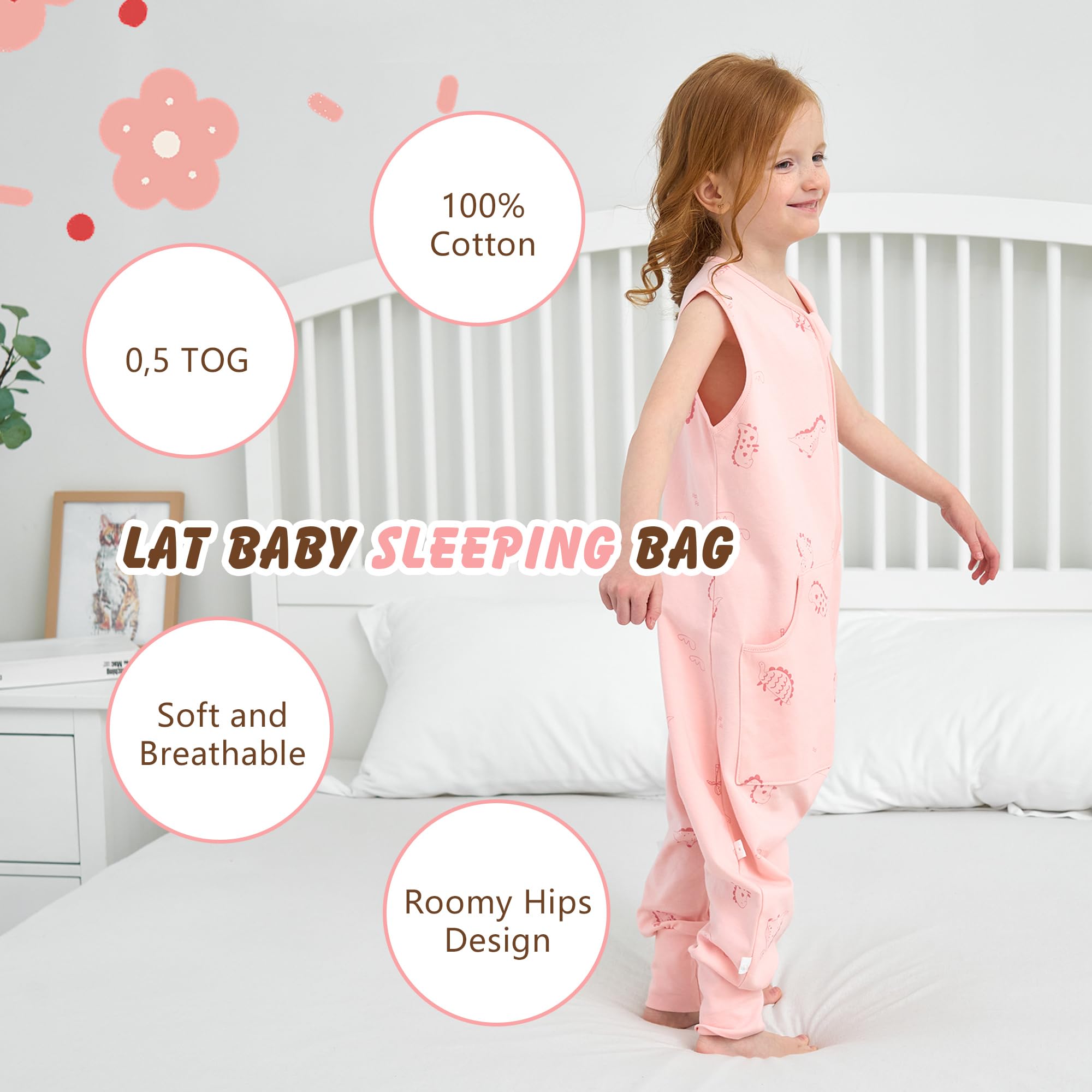 LAT LEE AND TOWN sleep sack with legs pink shows leg-length adjustment for active toddlers.