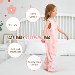 LAT LEE AND TOWN sleep sack with legs pink shows leg-length adjustment for active toddlers.