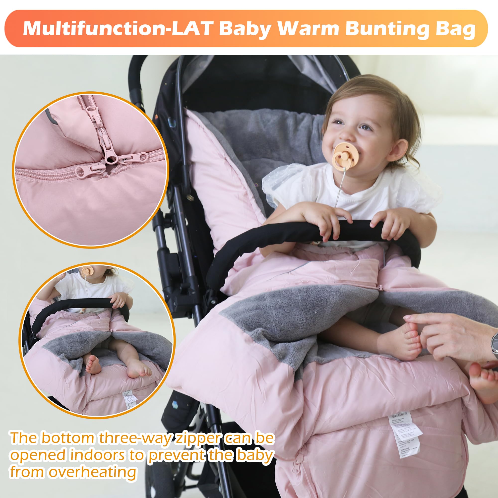 LAT Baby Warm Bunting Bag Basic Pink detachable hood and drawstring add snuggly warmth