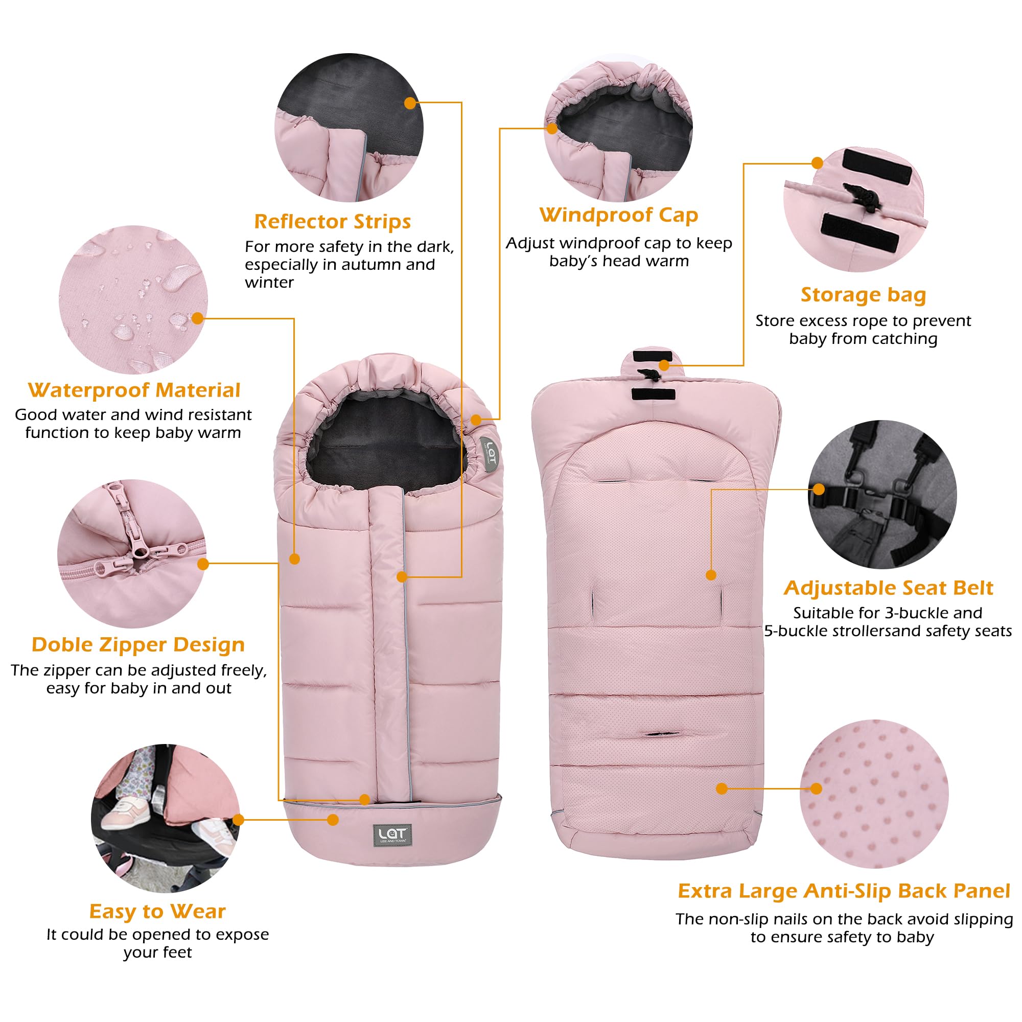 LAT Baby Warm Bunting Bag Basic Pink inner 3-layer warm material highlights insulation for cold weather outings