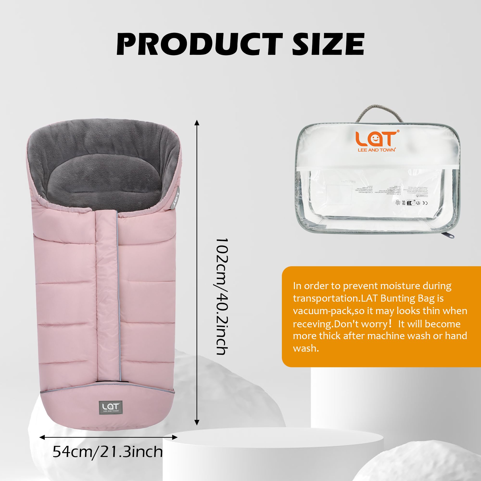 LAT Baby Warm Bunting Bag Basic Pink universal-fit size comparison shows compatibility with most strollers
