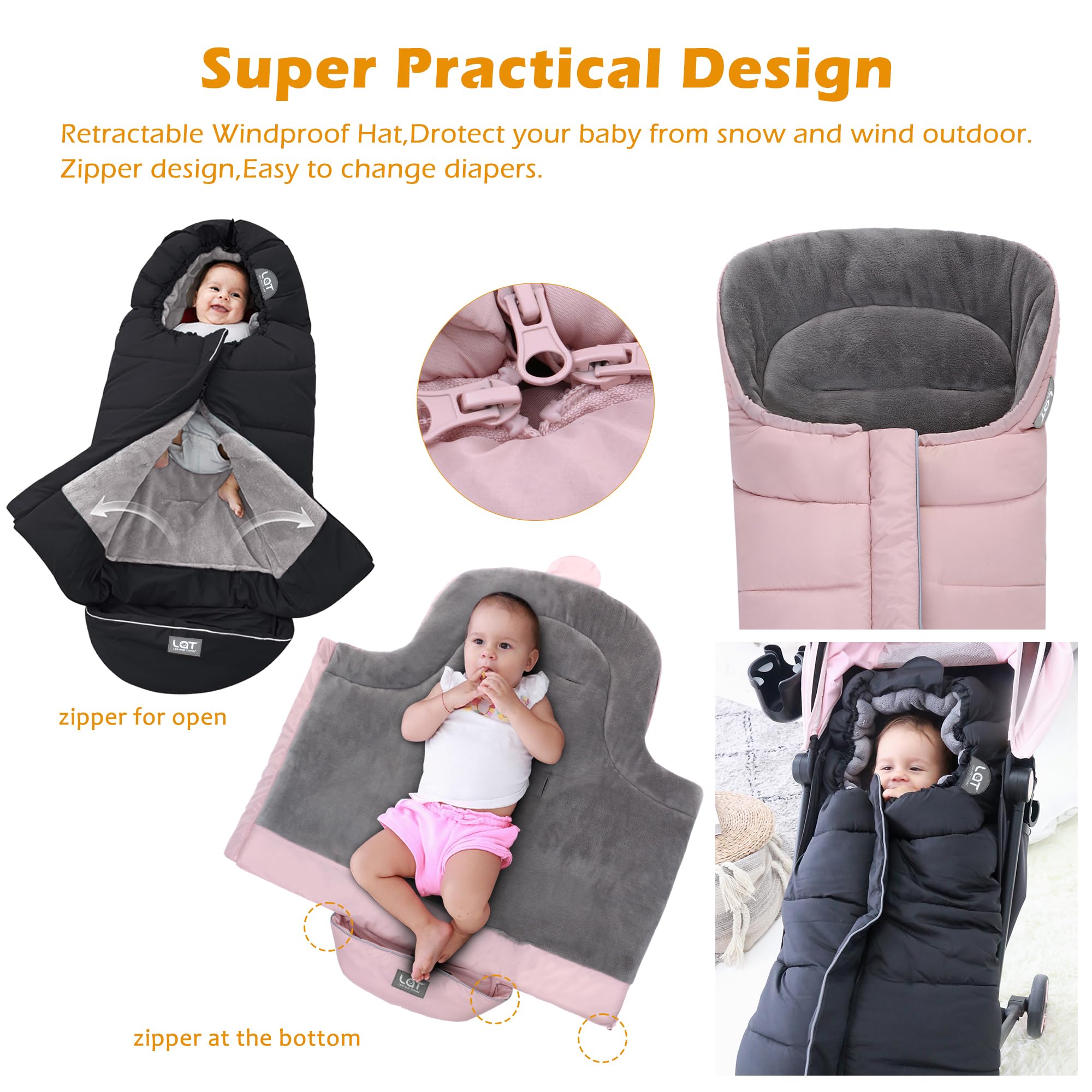 LAT Baby Warm Bunting Bag Basic Pink anti-slip back helps stay in place on moving strollers